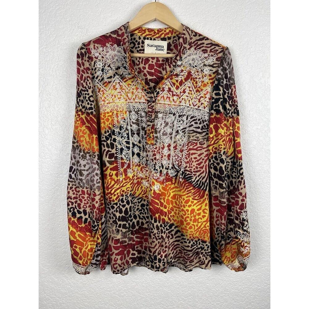 Savanna Jane Womens Shirt Size Large Boho Cheetah Leopard Embroidered Artsy